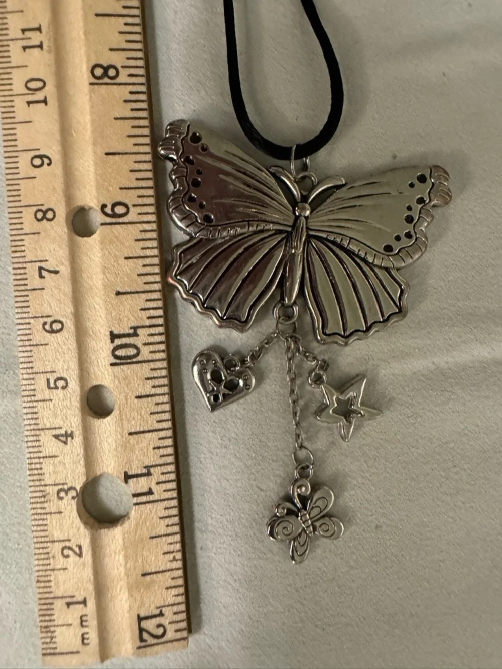 Double-Sided Butterfly Pendant Necklace with Charm Drops - Silver Tone